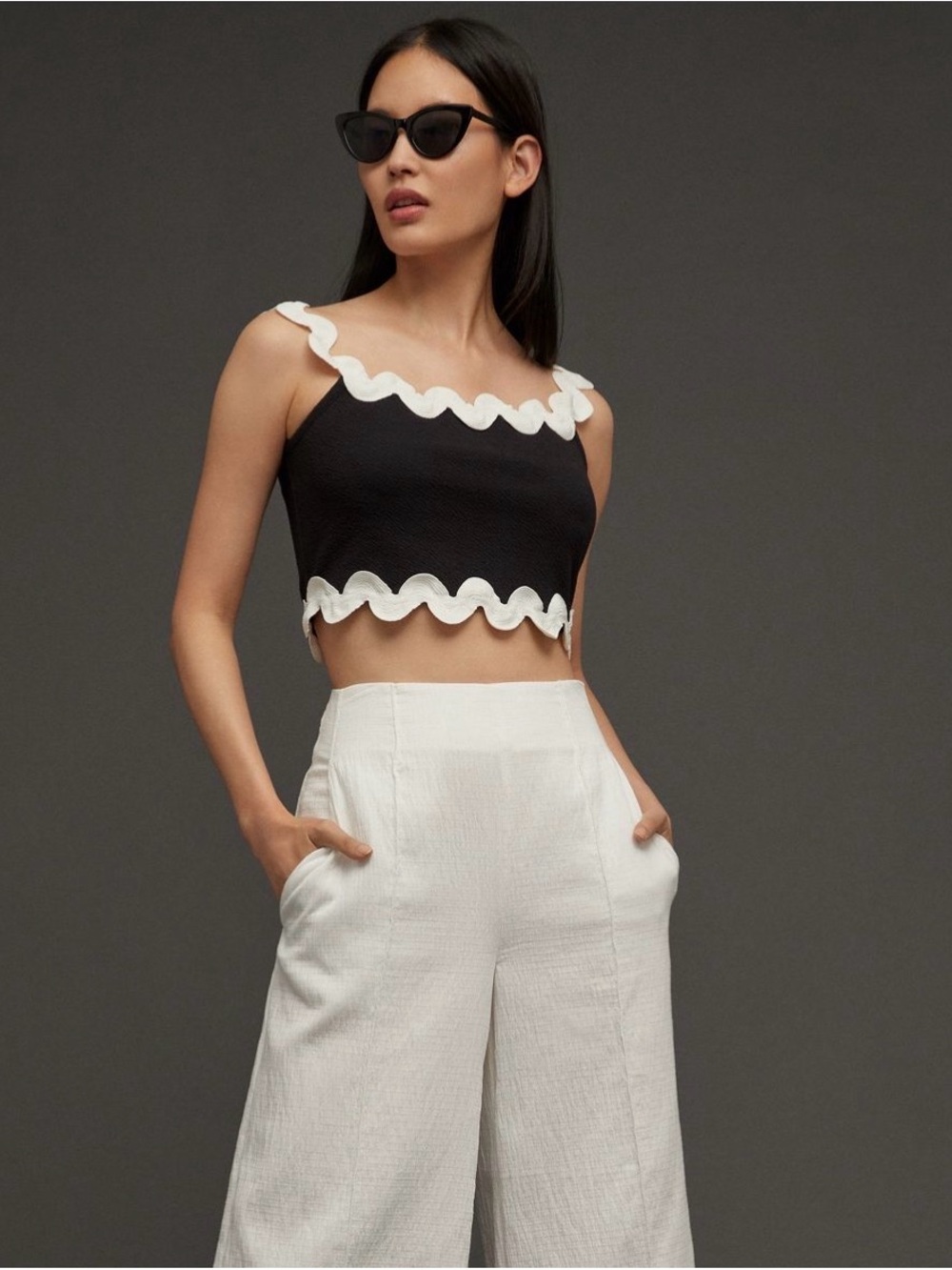 Anthropologie Maeve Black Cropped Ric-Rac Tank Top White Scallop Trim Medium - Picture 4 of 6